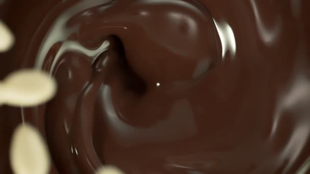Super Slow Motion Shot Peeled Mandle Padající Vířící Roztavené Čokolády — Stock video