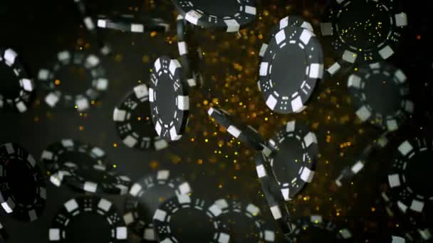 Super Slow Motion Shot Casino Chips Golden Particles Explosion Camera — стоковое видео