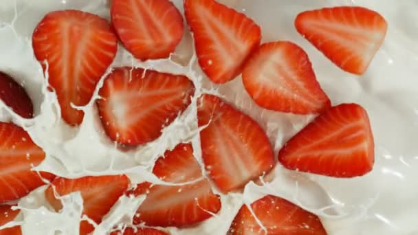 Super Slow Motion Shot Fresh Strawberries Falling Swirling Cream Inglês — Vídeo de Stock