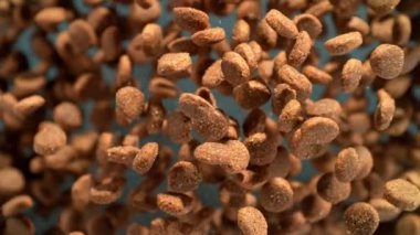 Karanlık Arkaplan 'da kameraya doğru uçan köpek mamasının süper yavaş çekim çekimi. Yüksek Hız Sinema Kamerası, 4k.