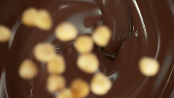 Super Slow Motion Shot Peeled Hazelnuts Falling Swirling Melted Chocolate — Video Stock