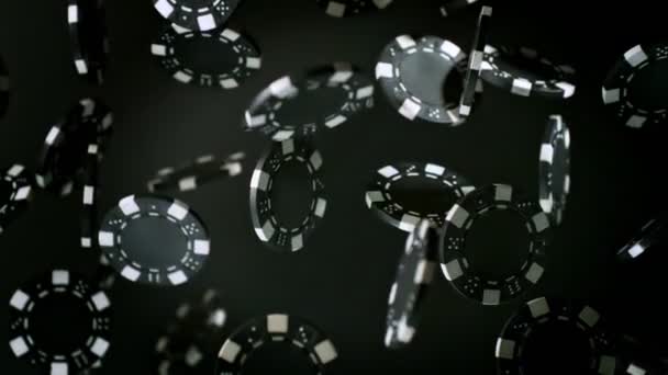 Super Slow Motion Shot Casino Chips Explosion Camera Czarnym Tle — Wideo stockowe