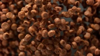 Karanlık Arkaplanda Kameraya doğru Uçan Evcil Hayvan Yiyecekleri 'nin Süper Yavaş Çekimi. Yüksek Hız Sinema Kamerası, 4k.