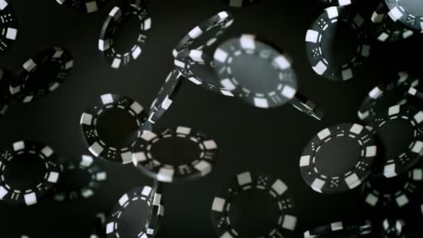 Super Slow Motion Shot Casino Chips Explosion Camera Black Background — стоковое видео