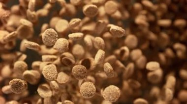 Kahverengi Arkaplan 'daki kameraya doğru uçan köpek mamasının süper yavaş çekim çekimi. Yüksek Hız Sinema Kamerası, 4k.