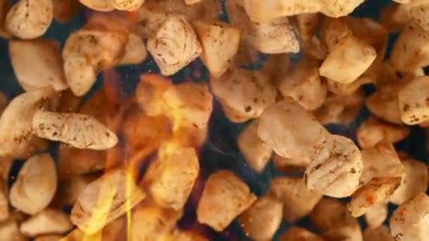Super Slow Motion Shot Tasty Chicken Bites Flames Smoke Flying — Wideo stockowe