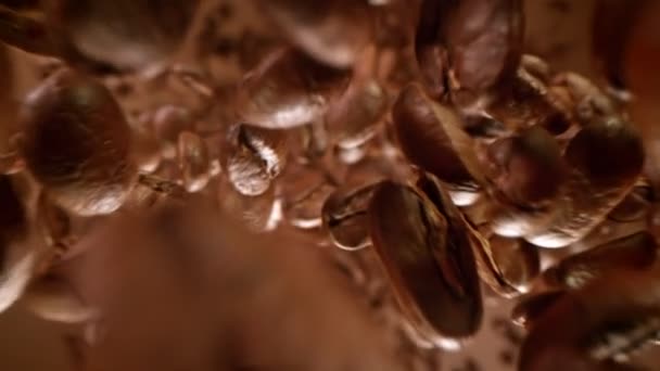 Super Slow Motion Detail Shot Coffee Beans Voando Para Câmera — Vídeo de Stock