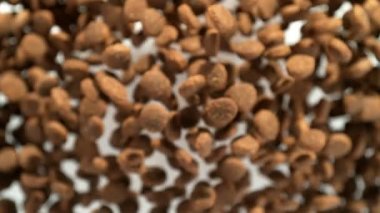 Beyaz Arkaplan 'daki kameraya doğru uçan köpek mamasının süper yavaş çekim çekimi. Yüksek Hız Sinema Kamerası, 4k.