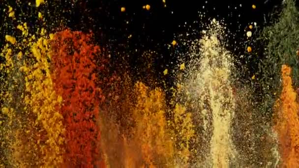 Super Slow Motion Shot Colorful Explosion Various Spices Black Background — Vídeos de Stock
