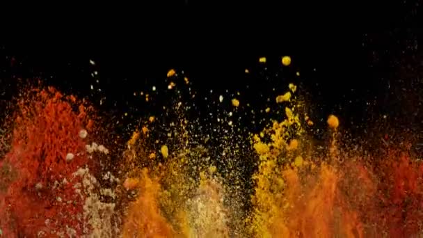 Super Slow Motion Shot Colorful Explosion Various Spices Μαύρο Φόντο — Αρχείο Βίντεο