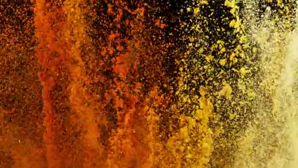 Super Slow Motion Shot Colorful Explosion Various Spices Black Background — Vídeos de Stock