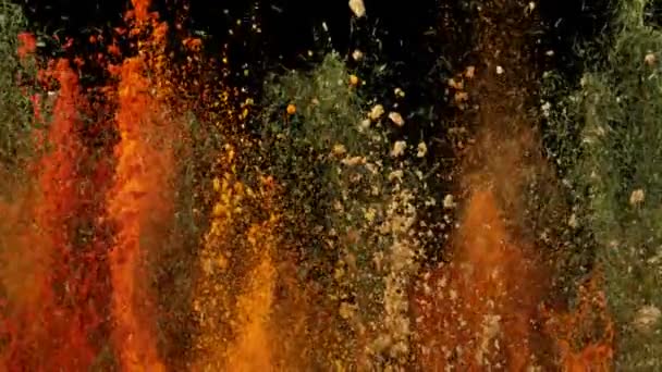 1000Fpsの黒い背景のさまざまなスパイスの多彩な爆発の極度の遅い動きショット 4Kで高速シネマカメラで撮影された — ストック動画