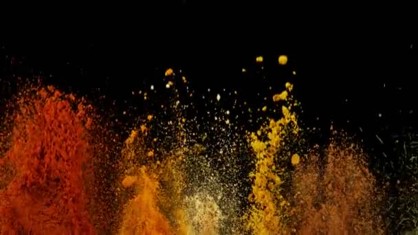 Super Slow Motion Shot Colorful Explosion Various Spices Black Background — Vídeo de stock