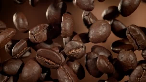 Super Slow Motion Makro Shot Flying Premium Coffee Beans Brown — Wideo stockowe
