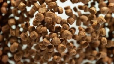 Beyaz Arkaplan 'daki kameraya doğru uçan evcil hayvan yiyeceğinin süper yavaş çekimi. Yüksek Hız Sinema Kamerası, 4k.