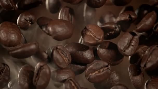 Super Slow Motion Macro Shot Flying Premium Coffee Beans Smoke — Video Stock