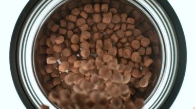 Evcil Hayvan Yiyeceklerinin Süper Yavaş Çekimi, Beyaz Arkaplan 'da izole bir şekilde 1000fps' te kaseye düşüyor. Yüksek Hız Sinema Kamerası, 4k.