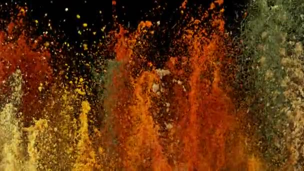 Super Slow Motion Shot Colorful Explosion Various Spices Black Background — Stock Video