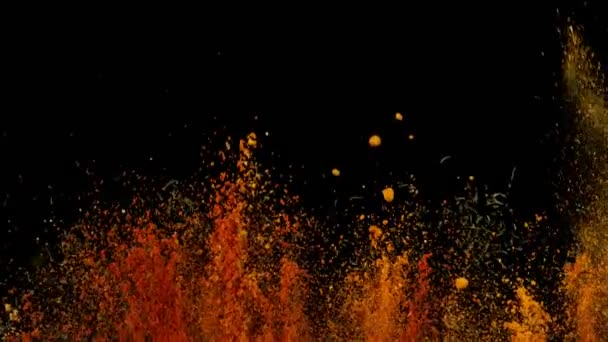 Super Slow Motion Shot Colorful Explosion Various Spices Black Background — Vídeo de Stock