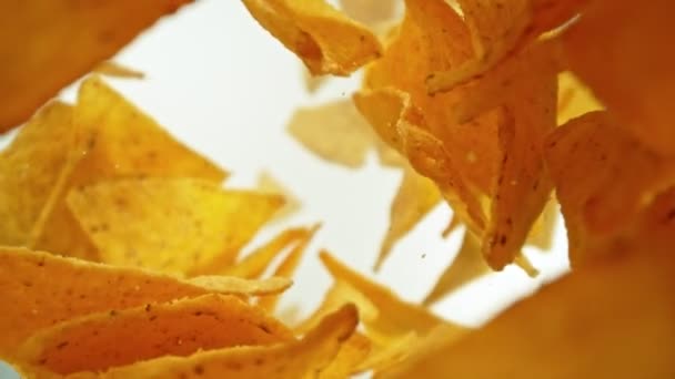 Super Slow Motion Shot Falling Rotating Tortilla Chips Camera Στα — Αρχείο Βίντεο