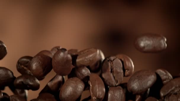 Super Slow Motion Macro Shot Flying Premium Coffee Beans Sfondo — Video Stock