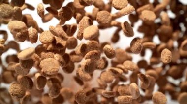 Beyaz Arkaplan 'daki kameraya doğru uçan köpek mamasının süper yavaş çekim çekimi. Yüksek Hız Sinema Kamerası, 4k.