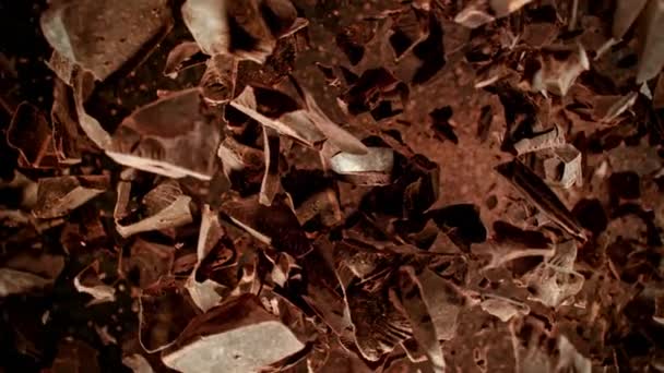 Super Slow Motion Shot Flying Rotating Raw Chocolate Chunks Cocoa — Vídeo de Stock