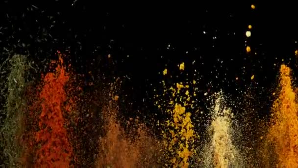 Super Slow Motion Shot Colorful Explosion Various Spices Black Background — Stock Video