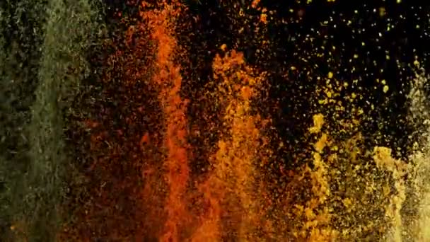 Filmare Super Lentă Exploziei Colorate Diferitelor Condimente Fundal Negru 1000 — Videoclip de stoc