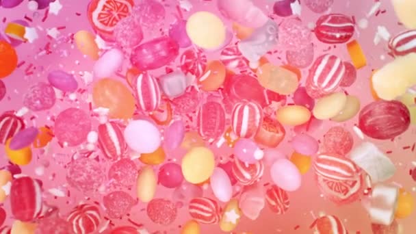 Super Slow Motion Shot Van Zoete Kleurrijke Snoepjes Vliegen Roteren — Stockvideo