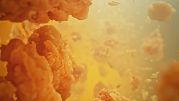 Super Zeitlupenaufnahme Von Fliegenden Fried Chicken Wings Und Bissen Hinter — Stockvideo