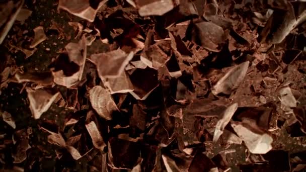 Super Slow Motion Shot Flying Rotating Raw Chocolate Chunks Cocoa — Αρχείο Βίντεο