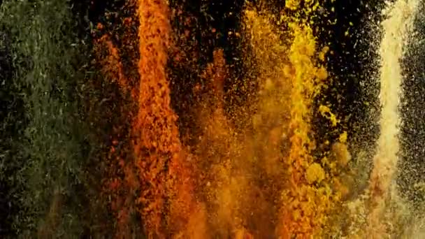 Super Slow Motion Shot Colorful Explosion Various Spices Black Background — Stok Video