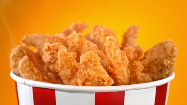 Slow Motion Shot Fried Chicken Pieces Smoke Rotating Bucket Golden — Wideo stockowe