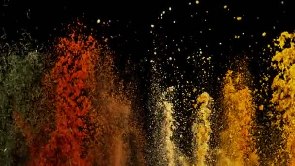Super Slow Motion Shot Colorful Explosion Various Spices Black Background — Vídeo de stock