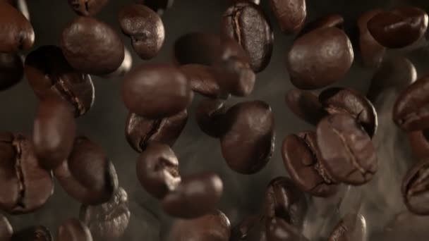 Super Slow Motion Macro Shot Flying Premium Coffee Beans Smoke — Vídeo de Stock