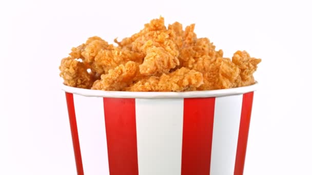 Slow Motion Shot Fried Chicken Pieces Smoke Rotating Bucket Isolated — Vídeo de Stock