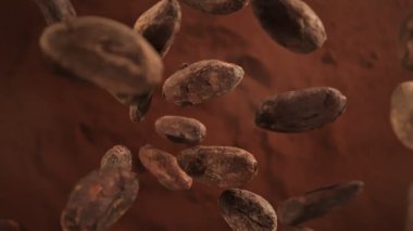 Çikolata Fasulyesinin Süper Yavaş Çekimi. Ardından da Kakao Tozu 'na Düşen Kamera. Yüksek Hız Sinema Kamerası, 4K.