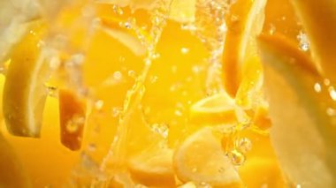 Süper Yavaş Çekim Taze Limon Dilimleri ve ardından Kamera 1000 fps hızla suya sıçrıyor. Yüksek Hız Sinema Kamerası, 4K.