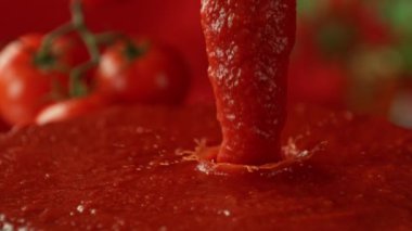 Taze domates püresi serpiştirme ve dökme sahnesinin süper yavaş çekimi 300 fite ayarlandı. Yüksek Hız Sinema Kamerası, 4k.