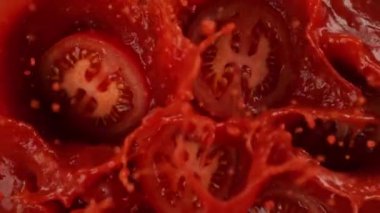 Domates Kesikleri 'nin Süper Yavaş Çekimi 300 metrede sosa dökülüp sıçrıyor. Yüksek Hız Sinema Kamerası, 4k.