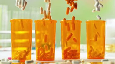 İlaç kutularının içine düşen çeşitli hapların süper yavaş hareketi 300 fite düştü. Yüksek Hız Sinema Kamerası, 4K.