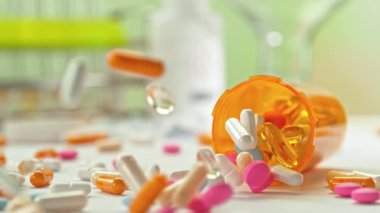 Düşen İlacın Süper Yavaş Hareketi. 300 metrede çeşitli haplarla birlikte. Eczane konsepti. Yüksek Hız Sinema Kamerası, 4K.