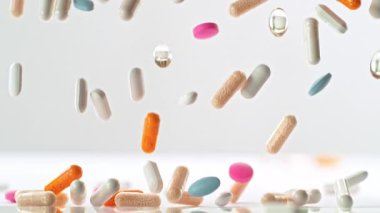 Beyaz Arkaplan 'a düşen çeşitli hapların Süper Yavaş Hareketi. Yüksek Hız Sinema Kamerası, 4K.