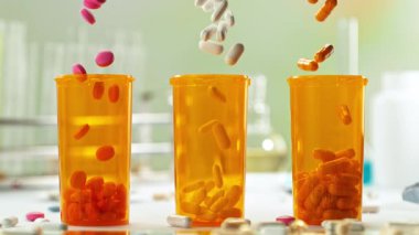 İlaç kutularının içine düşen çeşitli hapların süper yavaş hareketi 300 fite düştü. Yüksek Hız Sinema Kamerası, 4K.