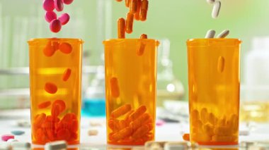 İlaç kutularının içine düşen çeşitli hapların süper yavaş hareketi 300 fite düştü. Yüksek Hız Sinema Kamerası, 4K.