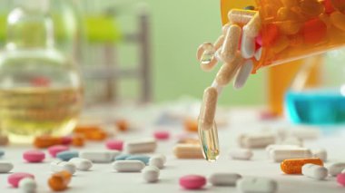 Medicine Doz 'dan Düşen Çeşitli Hapların Süper Yavaş Hareketi. Eczane konsepti. Eczane konsepti. Yüksek Hız Sinema Kamerası, 4K.