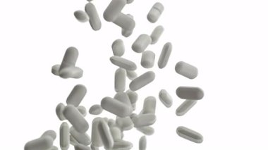 Beyaz Arkaplan 'a düşen hapların Süper Yavaş Hareketi. Yüksek Hız Sinema Kamerası, 4K.