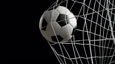 Super Slow Motion Soccer Ball Gol Ağı Kara Arkaplanda izole edildi, 1000fps. Yüksek Hız Sinema Kamerası, 4K.