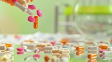 Medicine Doz 'dan Düşen Çeşitli Hapların Süper Yavaş Hareketi. Eczane konsepti. Eczane konsepti. Yüksek Hız Sinema Kamerası, 4K.
